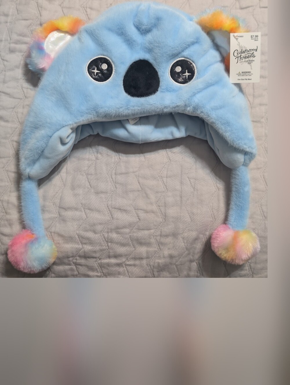 NWT Blue Plush Koala Earflap Hat with Rainbow Pom Poms
